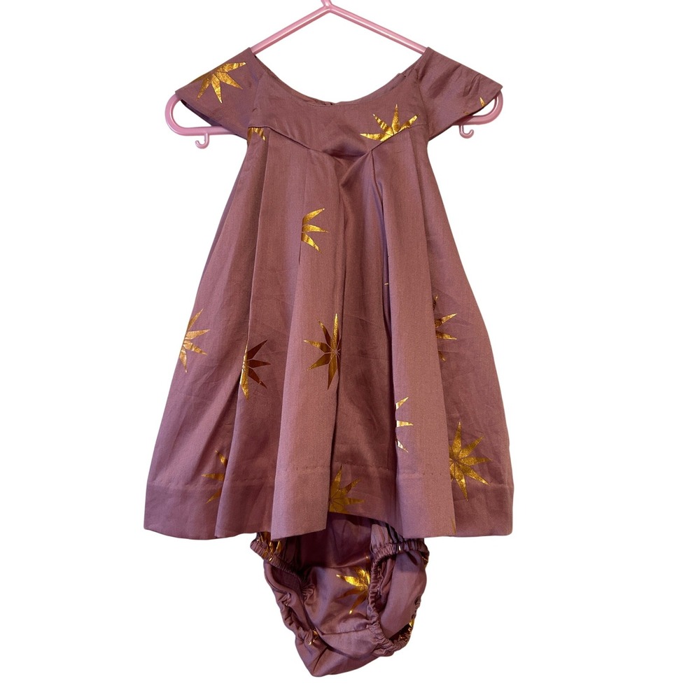 Tea‎ Collection Baby Girl Dress with Bloomers Sz 9-12M Pink Gold Scandi Star NWT